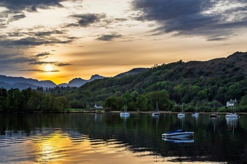 Sunset over Windermere Lake, Ambleside, Lake District, Cumbria, England, United Kingdom
