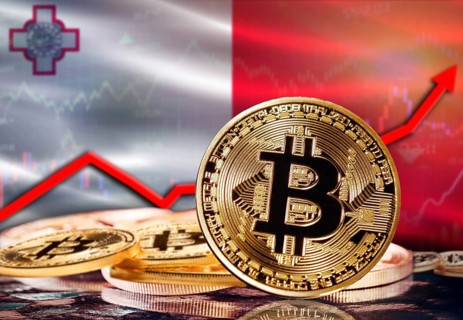 Bitcoin with Malta flag in the background. Bitcoin rising with Malta flag in the background