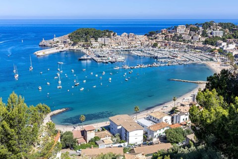 Port de Soller on Majorca from above holiday by the sea beach harbour with boats trip in Port de