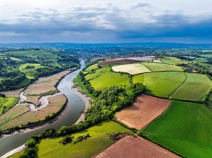 Farms and Fields over River Dart from a drone, Stoke Gabriel, Totnes, Devon, England, United