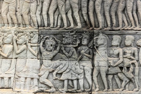 Stone bas-reliefs, Khmer war campaign against the Cham, relief wall, east façade, Bayon temple,