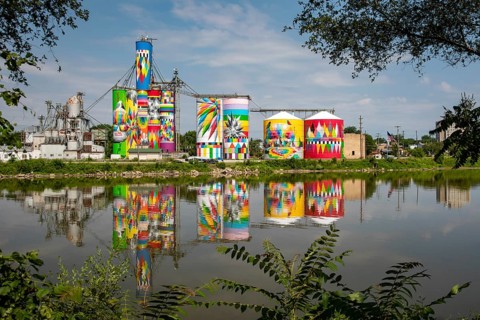 Saginaw, Michigan - The Shine Bright mural on abandoned grain elevators. The mural was created when