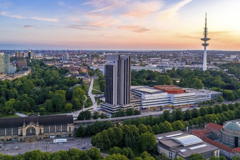 Aerial view of the CCH and Radisson Blue Hotel at Dammtor at sunset, Hamburg, Germany