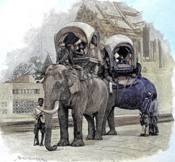The elephants of the King of Siam, Bangkok, Thailand. His children riding the animals, illustration