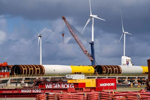 The seaport of Eemshaven, Julianahaven Basin, where the foundation structures, monopiles, for