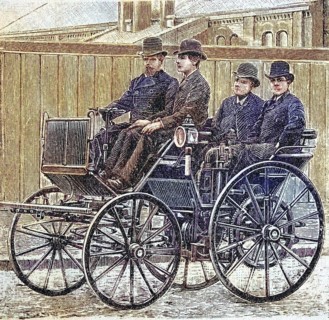 Street car with Daimler engine, coloured wood engraving, reproduction of a model from ca 1888,