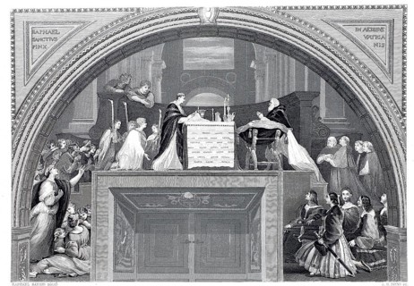 The miracle of Bolsena, miracle of blood, after a painting by Raphael, illustration from 1865,