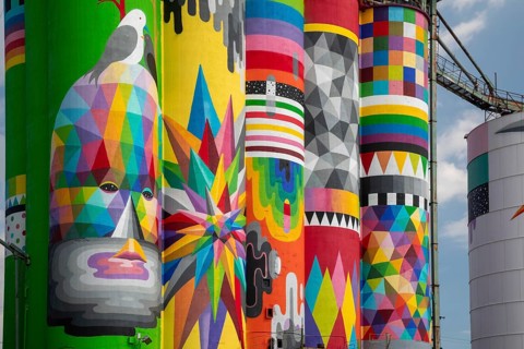 Saginaw, Michigan - The Shine Bright mural on abandoned grain elevators. The mural was created when
