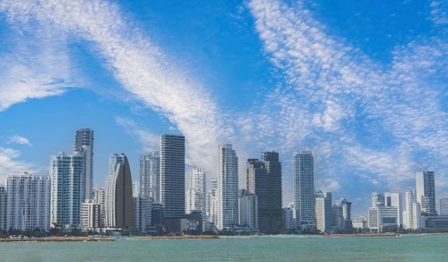 Colombia, scenic Cartagena bay Bocagrande and panorama of financial and business city skyline