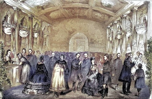 Charity bazaar of Hungarian housewives in Pesth, Hungary, coloured woodcut from 1864, people in a
