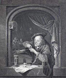 The scribe, scribe, literate scholar sharpening a pen, steel engraving after a painting by Gerard