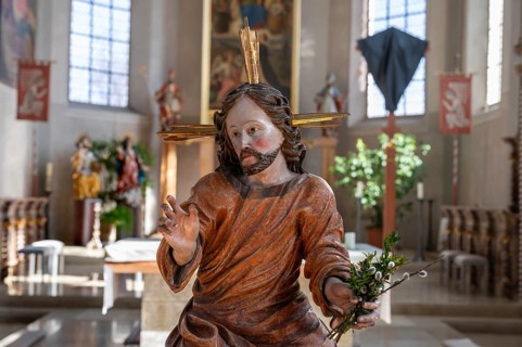 Palm tree donkey, detail, in the parish church of St Nicholas, Oberthingau, Ostallgäu, Bavaria,