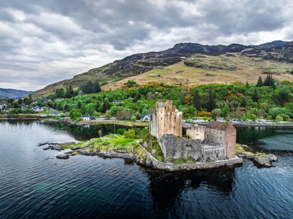 Eilean Donan Castle and Loch Duich from a drone, Isle of Skye, Highlands, Scotland, England, United