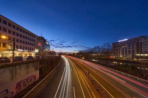 Motorway, modern architecture, river Saar, light traces, reflectors, headlights, flashing light,