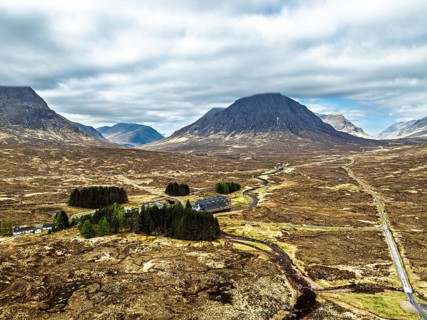 Mountains and Moors over Glen Etive Valley from a drone, Buachaille Etive Mòr, The Buachaille,
