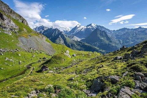 View from the Cabane du Louvie of the glaciated mountain peaks of the Grand Combine, Valais Alps,