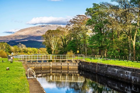 Caledonian Canal, Caol Beach and Nevis Range Mountains, Corpach, Fort William, Highland, Scotland,