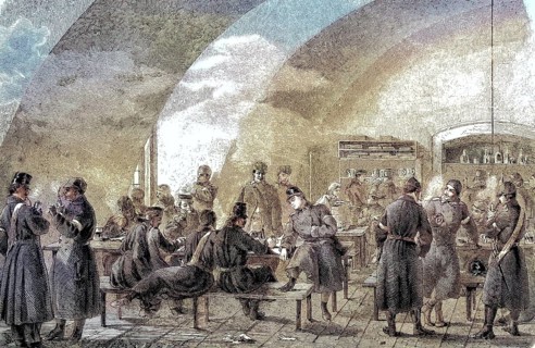 Austrian military tavern in the cellar of Gottorp Castle, coloured woodcut from 1864, soldiers in a