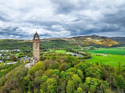 The National Wallace Monument or William Wallance Monument from a drone, Stirling, Scotland,