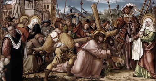 Biblical scene, Christ carrying the cross, painting by Hans Herbst, reproduction from a model from