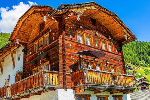 Parsonage, decorated with flowers, historic village centre, Grimentz, Val d'Anniviers, Valais Alps,
