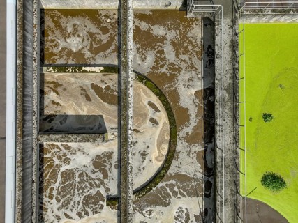 Germany - Wastewater treatment in a sewage treatment plant, clarifier with brown wastewater