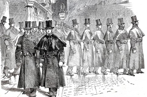 The policemen of London in 1875, England, digitally enhanced reproduction from a 19th century