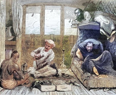 Water pipe, Train travellers in India, coloured wood engraving, Reproduction from a model from ca