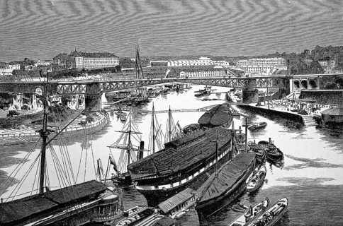 Military harbour or naval port of Brest on the Atlantic Ocean, warships, tall ships, cityscape,