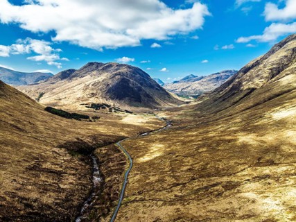 Mountains and Moors over Glen Etive Valley from a drone, Buachaille Etive Mòr, The Buachaille,