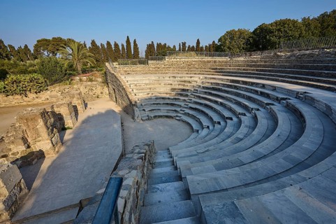 Ancient theatre with palm trees and trees, stone steps and summer surroundings, Ancient Theatre,