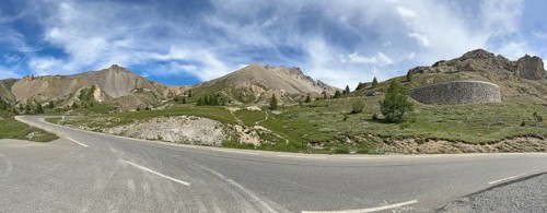 Panoramic view of pass road Mountain road on northern ramp Northern ascent Descent in front of pass