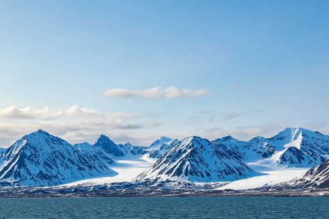 Mountain tops, snow, sea, Smeerenburg, Spitsbergen, Svalbard