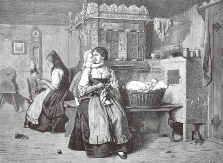 In the kitchen of a farmhouse in Flanders, the woman sit at the tiled stove and spin and sew,