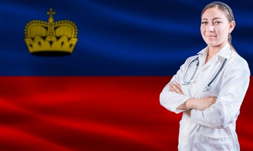 Female doctor on Liechtenstein flag. Doctor with crossed arms on Liechtenstein flag. Liechtenstein