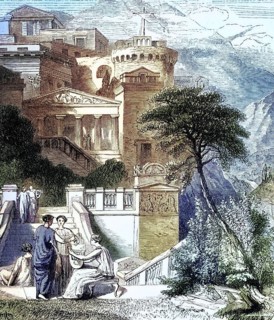 Life in ancient Rome, woman on the garden terraces, c. 400 AD, Italy, digital reproduction of a
