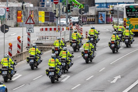 Police motorbike squadron driving through the construction sites of Stuttgart. Stuttgart,