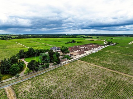 Chateau Pontet-Canet Vineyard and grape fields around Pauillac and Gironde Estuary from a drone,
