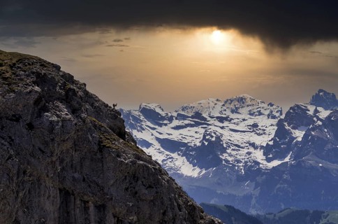 Alpine ibex (Capra ibex), summit donkey, Pilatus Kulm mountain station, in front of Swiss mountain