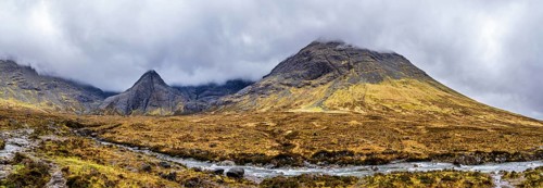Panorama of Fairy Pools and Waterfalls, Glen Brittle, Black Cuillin, Isle of Skye, Scotland, UK