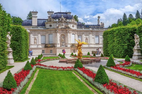 Baroque garden parterre with west side of Linderhof Palace, Ettal, Ammertal, Upper Bavaria,
