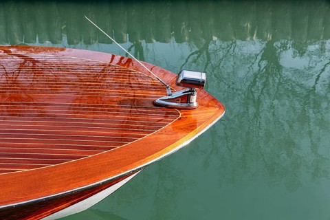 Radio antenna on motorboat, water taxi, taxi boat on waterway, canal, view from above, detail,