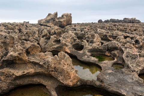 A rocky area with a hole in the ground. The hole is filled with water. The water is brown in colour