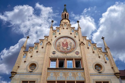 Gable of the historic Heilig Geist hospital, mentioned in the 13th century, neo-Gothic façade in
