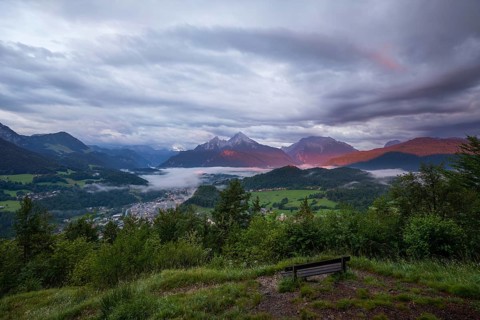 Marxenhöhe near Berchtesgaden with Watzmann view in the morning mist after the rain