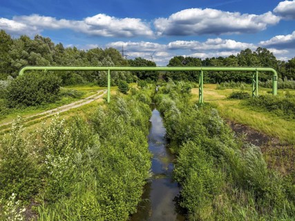 Bottrop, North Rhine-Westphalia, Germany - Renaturalised Boye, the tributary of the Emscher, has