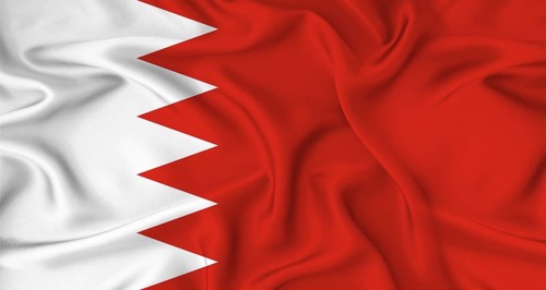 Realistic Bahrain flag waving. Close up of flag of Bahrain with cloth texture