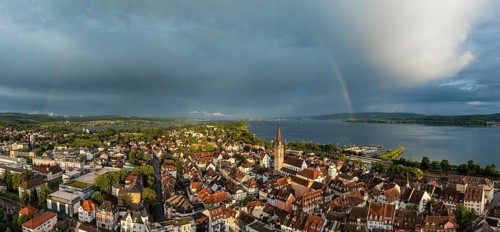 Luftbild, Panorama von der Stadt Radolfzell am Bodensee mit der historischen Altstadt und dem