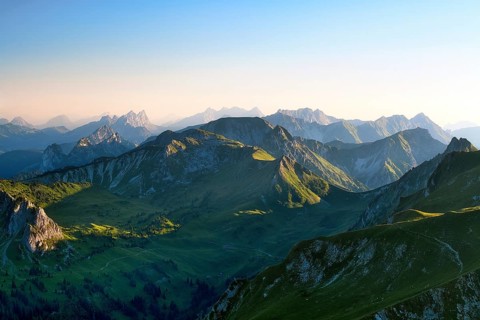View from Mount Gantrisch, sunset over the Bernese and Fribourg Pre-Alps, Canton of Bern,