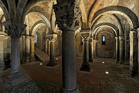 Vaults, columns and capitals in the underground grove of columns, pagan crypt, 10th century,
